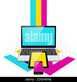 A Laptop computer, Tablet PC and Smart Phone downloading Hi-speed data from the internet via a 5G Mobile connection. Stock Vector