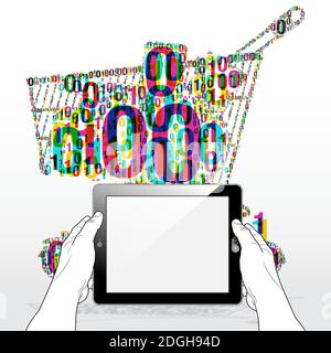 A Tablet PC horizontally held firmly in both hands. A "Binary Shopping Cart" icon is presented as a backdrop detail. Stock Vector