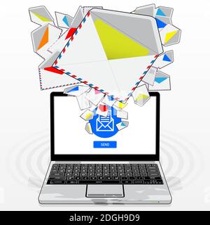 A Laptop Computer, sending and receiving electronic mail. Illustrated is a stream of email randomly emitting / streaming from its display screen. Stock Vector