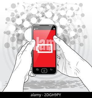 A held Smart-Phone presenting a very low - almost empty battery power charge icon on screen. Stock Vector