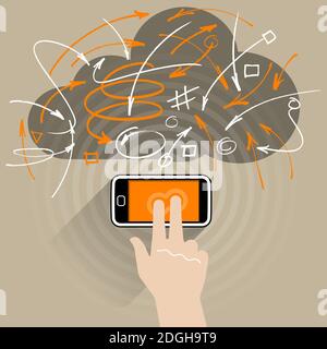 A Smart Phone connected to the internet (web). The various arrows and cloud represent the network connections between each other. Stock Vector