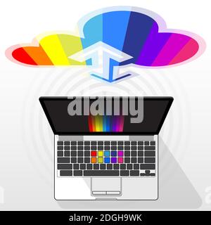A Laptop computer hi-speed data streaming to the internet information cloud. Stock Vector