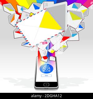 A Smart Phone, sending and receiving electronic mail. Illustrated is a stream of email randomly emitting / streaming from its display screen. Stock Vector