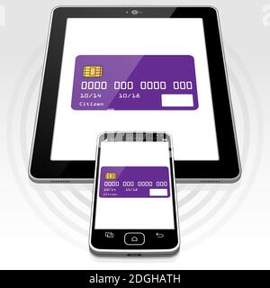 A credit card graphic presented on both a Smart Phone and Tablet PC screen. Stock Vector