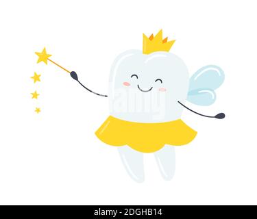 Children tooth fairy. Cute tooth with wings, a crown and a magic wand ...