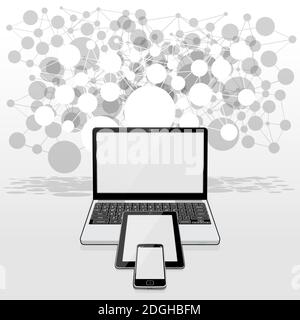 A Laptop computer, Tablet PC and Smart Phone all presented against grid pattern of connected circles representing a global WWW network. Stock Vector