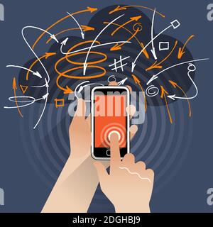 A flat stylised Smart Phone set against a dark contrast background with a cloud shape and randomly drawn lines and arrows. Stock Vector