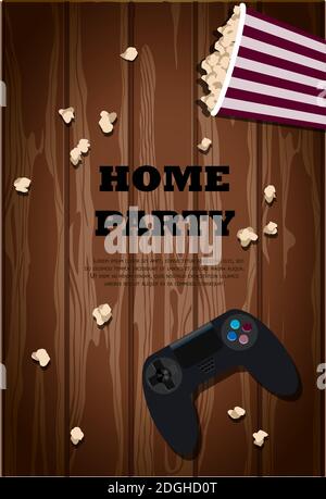 Top view of a wooden table with a game joystick, a basket of popcorn and drinks. The inscription home party. An invitation to a game party or watching movies. Postcard or advertisement for sale of equipment for computer games. vector illustration. Stock Vector