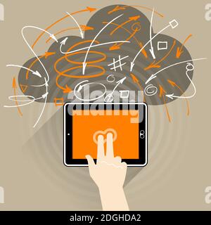 A Tablet PC connected to the internet, 2 fingers of a right hand touch the interactive tablet screen. The arrows and cloud all network to each other. Stock Vector