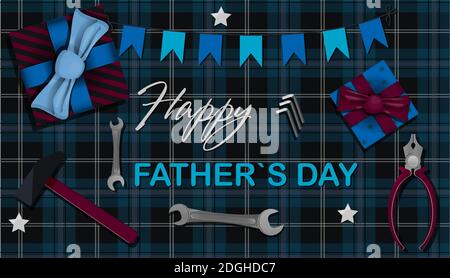 Top view of table with building tools. The inscription is the best dad. Master table with hammer, pliers, key, screwdriver. Greeting card for father s day, international men s day. Brutal bright illustration for men s banner, website or advertising. Vector illustration in flat style. Stock Vector