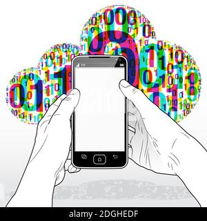 A Smart Phone streaming binary data to and from the WWW information cloud. Stock Vector