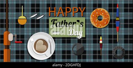 A postcard with fishing gear, doughnuts and a fishing rod for father s Day. Vector illustration with top view on table. Congratulations with hooks, floats, lures and reels for fishing. Bright and stylish greeting card for fisherman, defender s day, father s day. Vector drawing for a banner, flyer, or web ad. Stock Vector