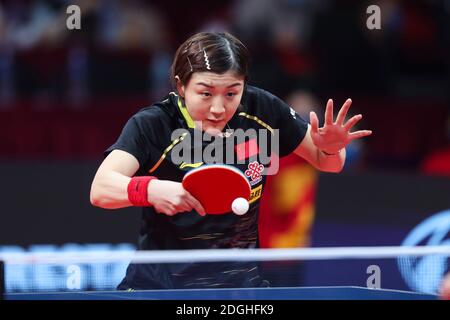 Chinese table tennis player Chen Meng plays against Chinese table tennis player Wang Manyu at the women’s final of 2020 ITTF Finals in Zhengzhou city, Stock Photo