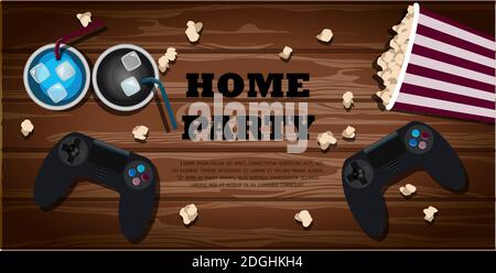 Top view of a wooden table with a game joystick, a basket of popcorn and drinks. The inscription home party. An invitation to a game party or watching movies. Postcard or advertisement for sale of equipment for computer games. vector illustration. Stock Vector