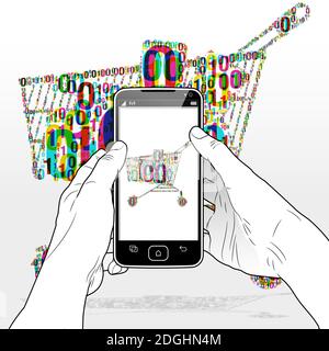 A digital e-commerce shopping experience via a Smart Phone software app. An overlapping binary code is grouped together to form a Shopping Cart. Stock Vector