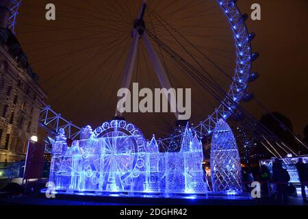 The EDF Energy London Eye has created a huge version of the iconic London skyline made only from ice to celebrate the launch of the Frostival festive season at the London Eye. The sculpture features all the famous landmarks such as the London Eye, Big Ben, St. Paul's Cathedral and Tower Bridge. Stock Photo