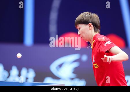 Chinese table tennis player Wang Manyu plays against Chinese table tennis player Chen Meng at the women’s final of 2020 ITTF Finals in Zhengzhou city, Stock Photo