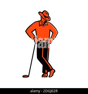 Cowboy Golfer Leaning Golf Club Mascot Stock Photo