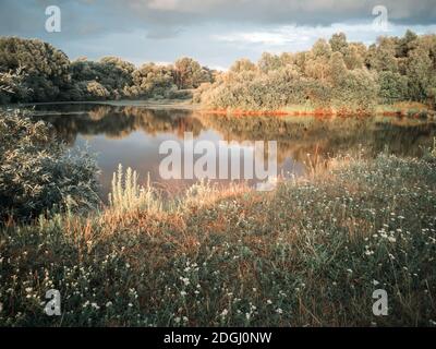 Landscape with a stormy sky at sunset. Stock Photo