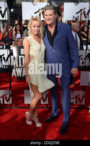 David Hasselhoff girlfriend Hayley Roberts arriving at The MTV Movie Awards 2014, the Nokia Theatre L.A. Live, Los Angeles. The MTV Movie Awards can be seen in the UK on MTV, Monday 14th April at 9pm Stock Photo