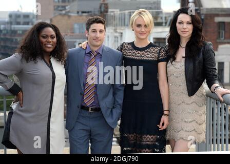 Danielle Brooks, Jason Biggs, Taylor Schilling and Laura Prepon attending a photocall for Netflix series Orange Is The New Black, The Soho Hotel, London.    Stock Photo