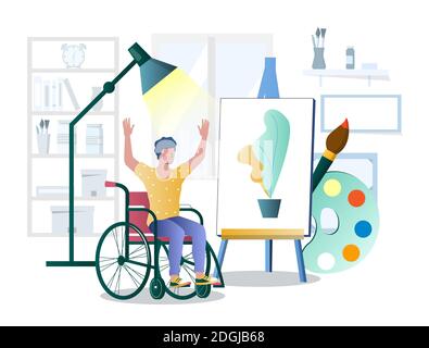 Happy young man using wheelchair admiring piece of art, flat vector illustration. Arts therapy concept. Stock Vector