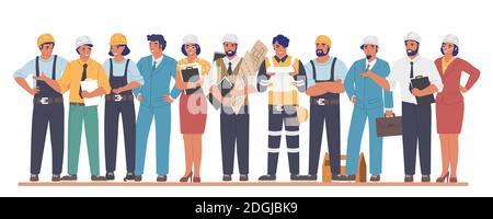 Building workers and engineers cartoon characters, flat vector illustration. Construction industry. Stock Vector