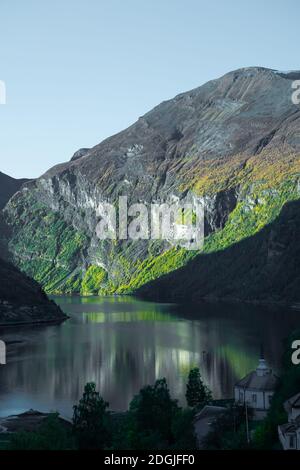 View over the beautiful Norwegian Geiranger fjord in autumn colors.  Stock Photo