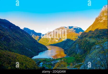 View over the beautiful Geiranger fjord in autumn colors.  Stock Photo