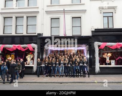 Victorias Secret models pose outside the New Bond Street London flagship store, England.  (Tier One) Irina Sharipova, Eniko Mihalik, Bregje Heinen, Grace Mahary, Ieva Laguna, Sigrid Agren, Imaan Hamman, Kasia Struss, Maud Weizen, Magalena Frackowiak and Kate Grigorieva.  (Tier Two) Daniela Braga, Yumi Lambert, Izabel Goulart, Barbara Fialho, Taylor Hill, Cindy Bruna, Maria Borges, Constance Jablonski, Blanca Pailla, Devon Windsor, Sui He and Romee Strjid.  (Tier Three) Isabeli Fontanta, Josephine Skriver, Jasmine Tookes, Jac Jagaciak, Stella Maxwell, Lais Ribeiro, Sara Sampaio, Kelly Gale, Jac Stock Photo