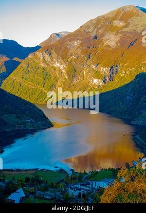 View over the beautiful Geiranger fjord in autumn colors.  Stock Photo