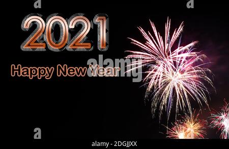 Happy New 2021 Year with text Dark Black background of fireworks Stock Photo