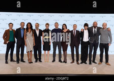 (L-R) Andrew Scott, Ralph Fiennes, Naomie Harris, Sam Mendes, Lea Seydoux, Daniel Craig, Monica Bellucci, Christoph Waltz, Ben Whishaw, Dave Bautista and Rory Kinnear attend the BOND 24 live announcement to mark the start of production on the 24th Bond film held at Pinewood Studios, London   The title and cast of the 24th Bond film were revealed, marking the start of principal photography on Monday 8th December Stock Photo