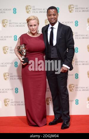 Patricia Arquette wins the award for Best Supporting Actress (Boyhood) with Cuba Gooding, Jr. (Presenter) in the Press Room at the EE British Academy Film Awards 2015 held at the Royal Opera House in Covent Garden, London UK. Stock Photo