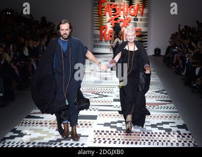 Dame Vivienne Westwood and husband Andreas on the catwalk during the Fashion For Relief charity Catwalk 2015 held at Somerset House, home of the British Fashion Council, London