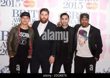 (left to right) Kesi Dryden, Piers Agget, Amir Amor and DJ Locksmith of Rudimental arriving for the 2015 Brit Awards at the O2 Arena, London Stock Photo
