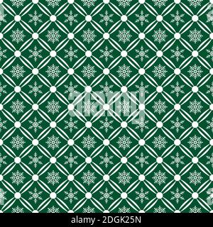 White Christmas snowflake seamless pattern on green background Stock Vector