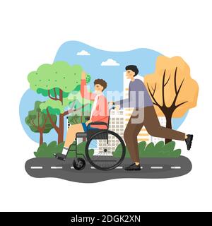 Disabled man using wheelchair enjoying walk in city park with his friend, flat vector illustration. Stock Vector