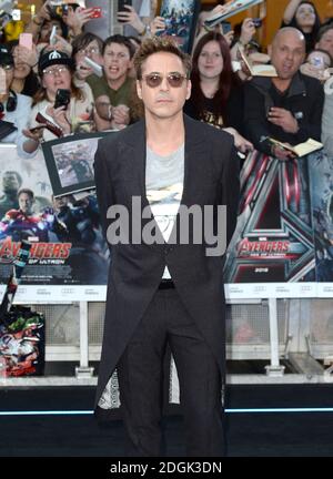 Robert Downey Jr (Tony Stark/ Iron Man) attending Marvel Avengers: The Age Of Ultron European Film Premiere held at the VUE cinema in Westfield, London Stock Photo