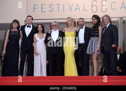 Margaret Sixel, actors Nicholas Hoult, Zoe Kravitz, director George Miller, actors Charlize Theron, Tom Hardy, Courtney Eaton and producer Doug Mitchell attending the Mad Max: Fury Road premiere taking place during the 68th Festival de Cannes held at the Grand Theatre Lumiere, Palais des Festivals, Cannes, France  (Mandatory Credit: Doug Peters/EMPICS Entertainment) Stock Photo