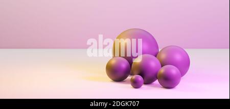 Abstract round spheres, globes or balls in realistic digital studio interior, cgi render illustration, background wallpaper rendering, yellow, pink Stock Photo