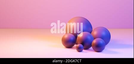 Abstract round spheres, globes or balls in realistic digital studio interior, cgi render illustration, background wallpaper rendering, purple, blue