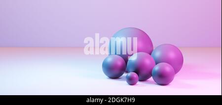 Abstract round spheres, globes or balls in realistic digital studio interior, cgi render illustration, background wallpaper rendering, pink, blue Stock Photo