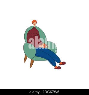 Happy young man sitting in chair. Cozy home rest. Linear hand drawn vector illustration Stock Vector