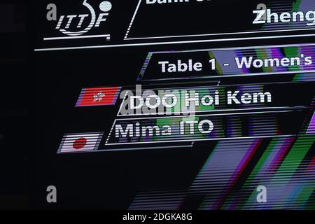 The scoreboard at the women¯s eighth-final of 2020 ITTF Finals between Japanese table tennis player Mima Ito and Taiwanese table tennis player Doo Hoi Stock Photo