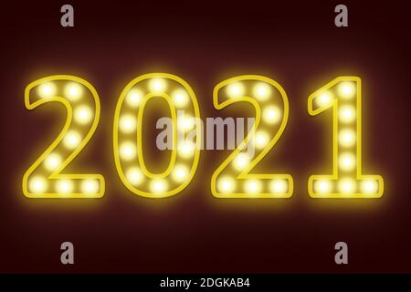 light bulb flashing in number 2021 for happy new year 2021 new year eve celebration background Stock Photo