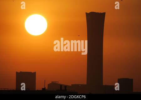 --FILE--CITIC Tower, a supertall skyscraper, which is popularly known as China Zun in the central business district of the city, welcomes the sunrise Stock Photo