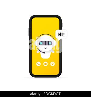 Chatbot in smartphone illustration. Hi message. Online assistant bot landing page template. Dialog. Technical support. For web page. Vector on isolate Stock Vector