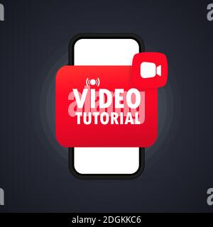 Video tutorials button. Watching webinar, streaming video online on smartphone. Vector on isolated background. EPS 10. Stock Vector