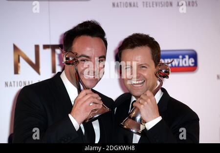 Ant (left) and Dec aka Anthony McPartlin and Declan Donnelly with their best TV presenters award in the press room at the National Television Awards 2016 at the O2 Arena, London. Stock Photo